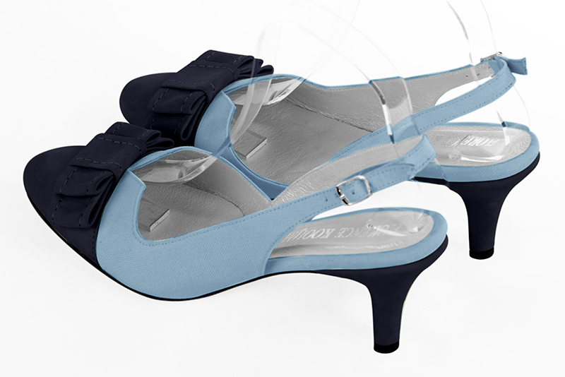 Matt black and sky blue women's open back shoes, with a knot. Round toe. Medium slim heel. Rear view - Florence KOOIJMAN